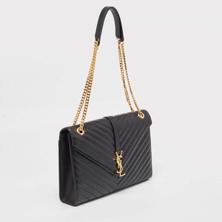 Pre Owned Saint Laurent Black Matelassé Leather Large Monogram Envelope Shoulder Bag