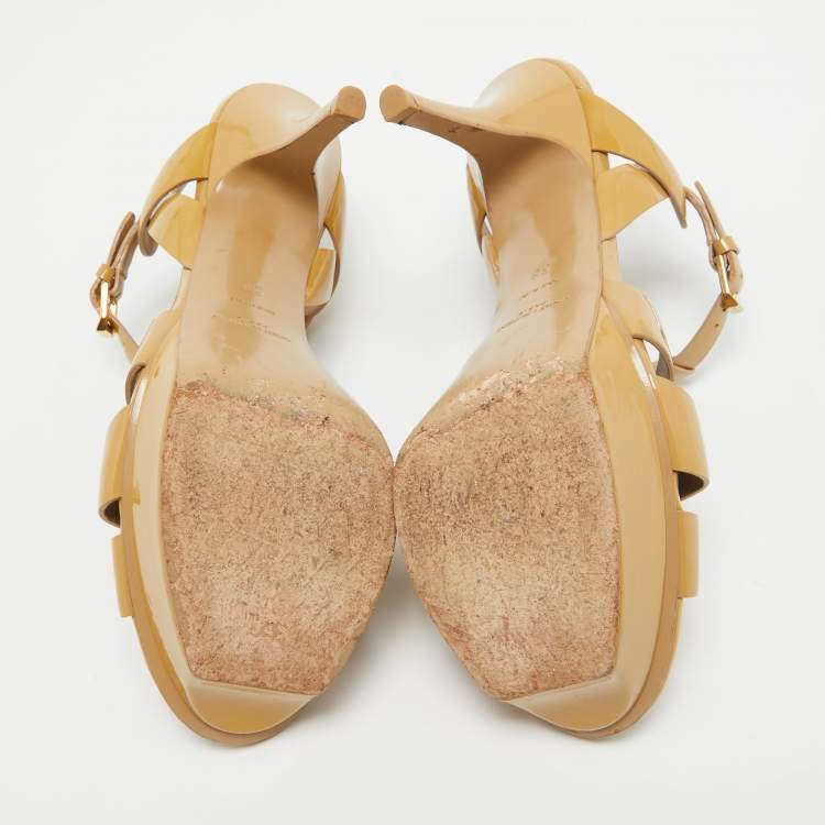 Pre Owned Saint Laurent Beige Patent Leather Tribute Sandals Size 38