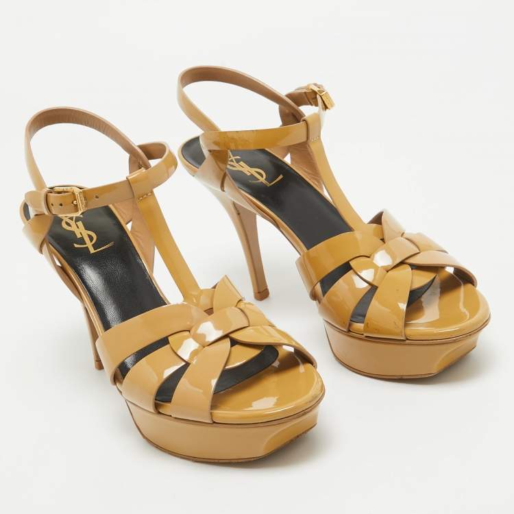Pre Owned Saint Laurent Beige Patent Leather Tribute Sandals Size 38