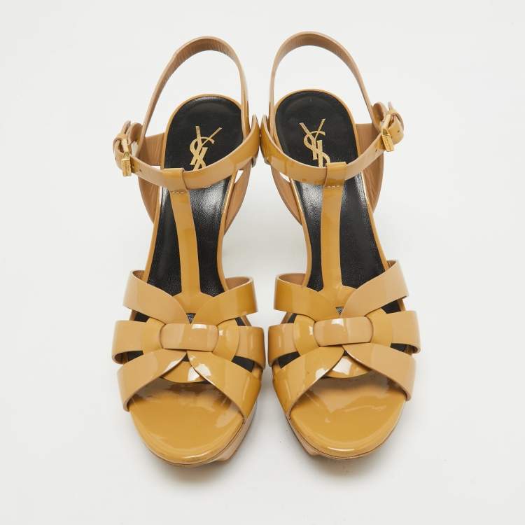 Pre Owned Saint Laurent Beige Patent Leather Tribute Sandals Size 38