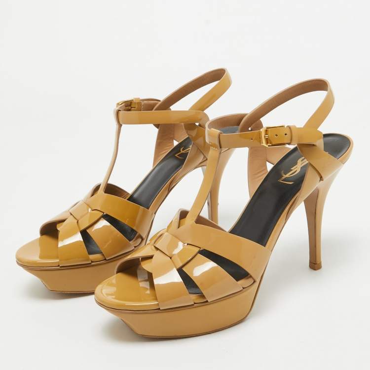Pre Owned Saint Laurent Beige Patent Leather Tribute Sandals Size 38