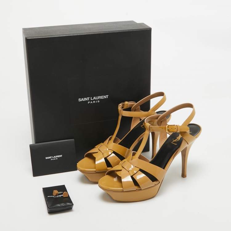 Pre Owned Saint Laurent Beige Patent Leather Tribute Sandals Size 38