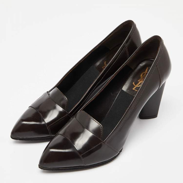 Pre Owned Saint Laurent Paris Brown Leather Pointed Toe Loafer Pumps Size 39