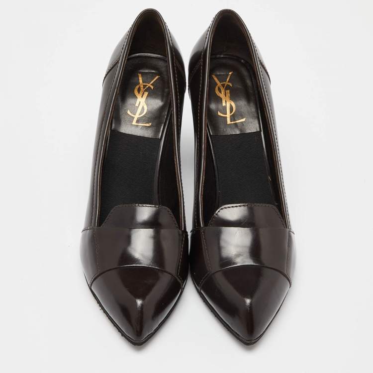 Pre Owned Saint Laurent Paris Brown Leather Pointed Toe Loafer Pumps Size 39