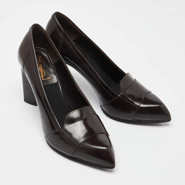 Pre Owned Saint Laurent Paris Brown Leather Pointed Toe Loafer Pumps Size 39
