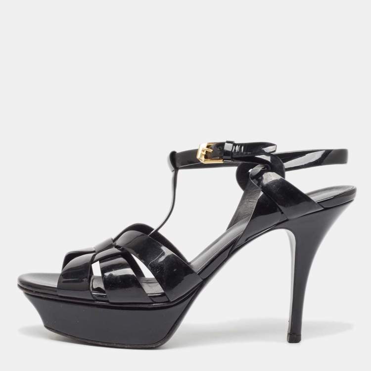 Pre Owned Saint Laurent Black Patent Leather Tribute Sandals Size 38