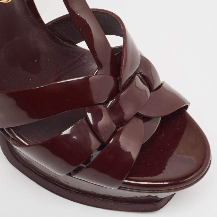 Pre Owned Saint Laurent Burgundy Patent Leather Tribute  Sandals Size 37.5
