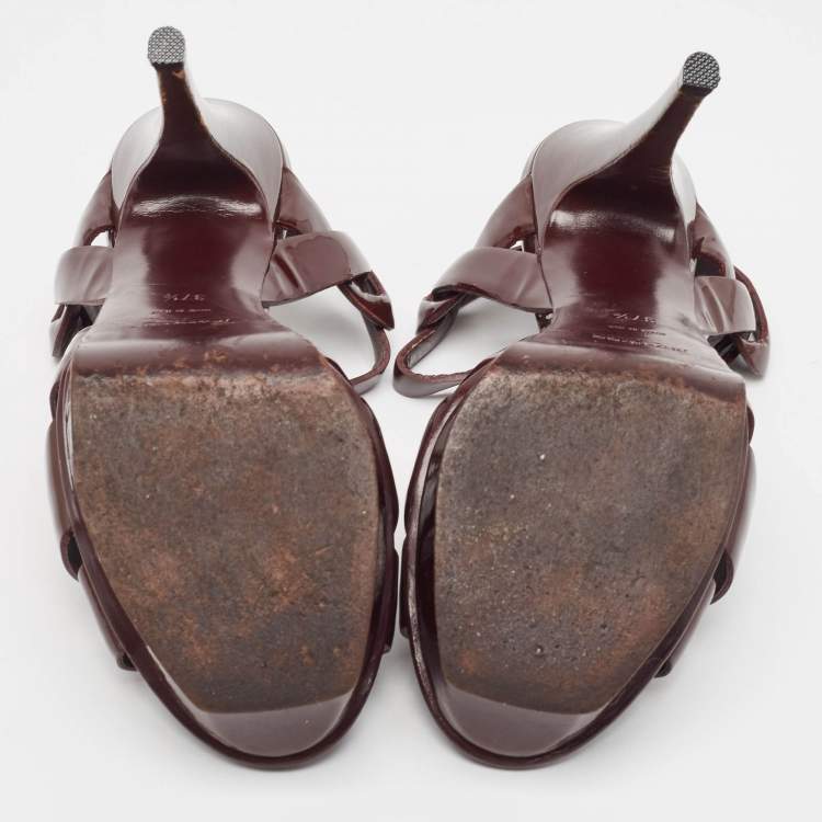 Pre Owned Saint Laurent Burgundy Patent Leather Tribute  Sandals Size 37.5