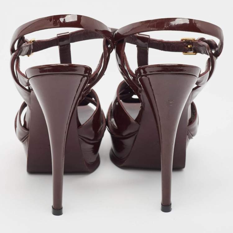 Pre Owned Saint Laurent Burgundy Patent Leather Tribute  Sandals Size 37.5