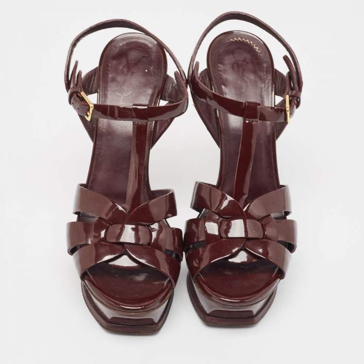 Pre Owned Saint Laurent Burgundy Patent Leather Tribute  Sandals Size 37.5