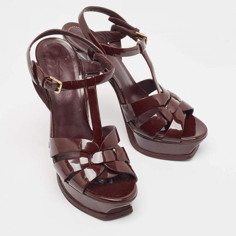 Pre Owned Saint Laurent Burgundy Patent Leather Tribute  Sandals Size 37.5