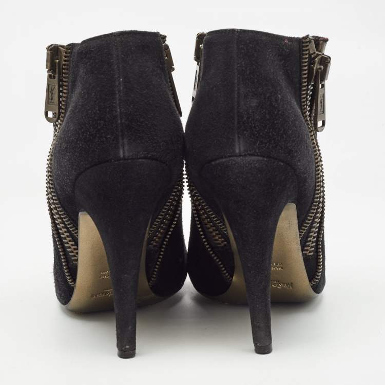 Pre Owned Saint Laurent Black Suede Zip Up Ankle Boots Size 38