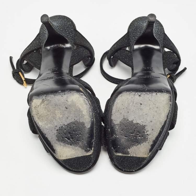 Pre Owned Saint Laurent Black Glitter Suede Tribute Sandals Size 36.5