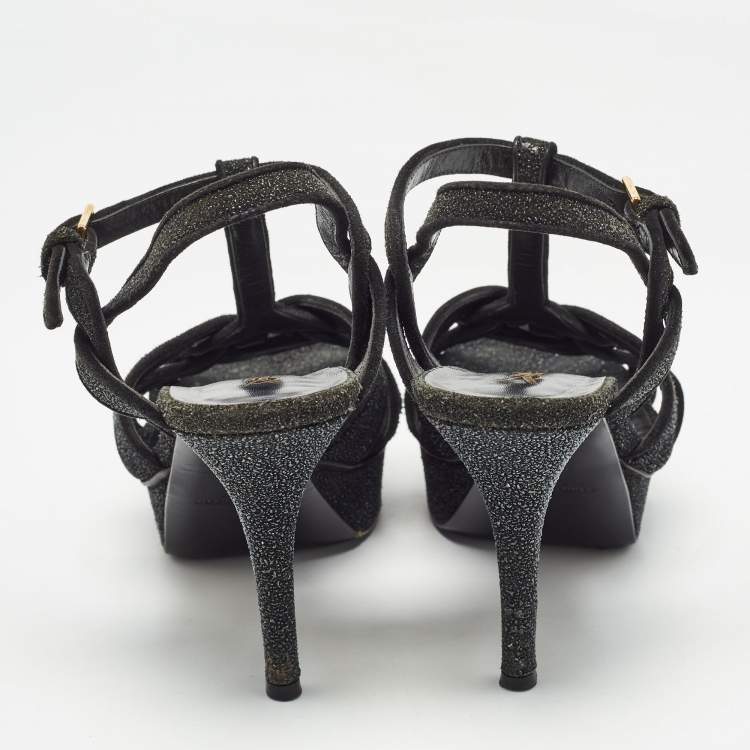 Pre Owned Saint Laurent Black Glitter Suede Tribute Sandals Size 36.5
