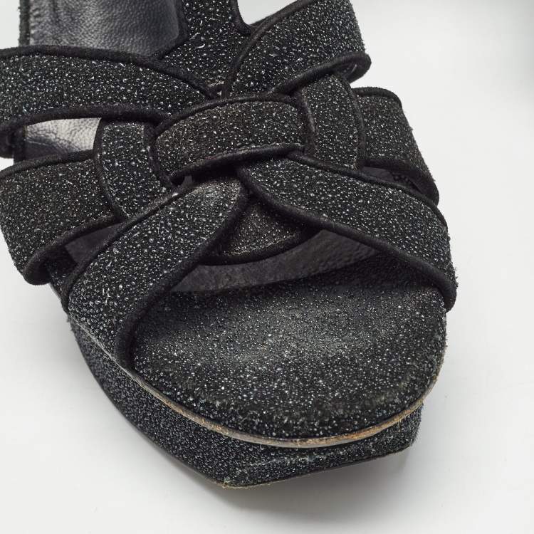 Pre Owned Saint Laurent Black Glitter Suede Tribute Sandals Size 36.5