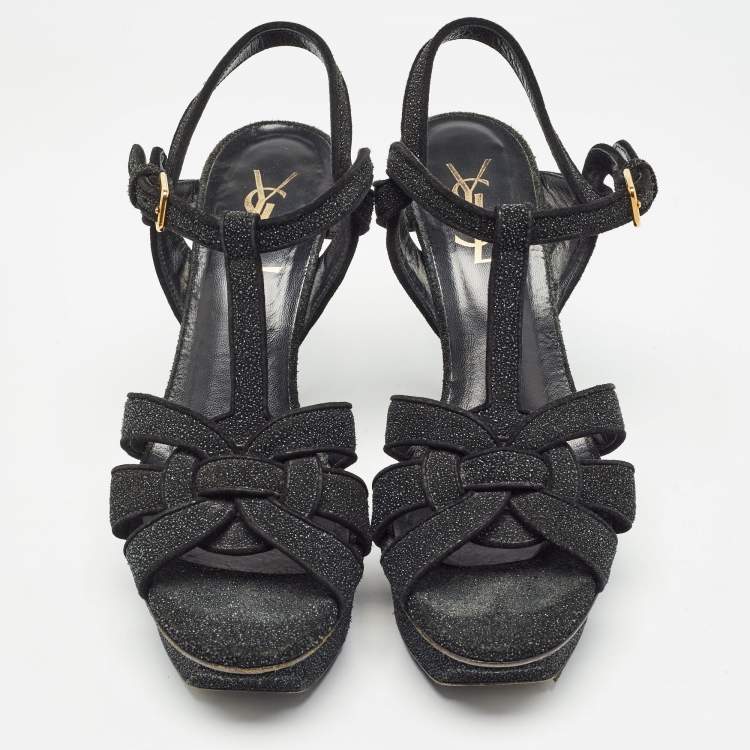 Pre Owned Saint Laurent Black Glitter Suede Tribute Sandals Size 36.5
