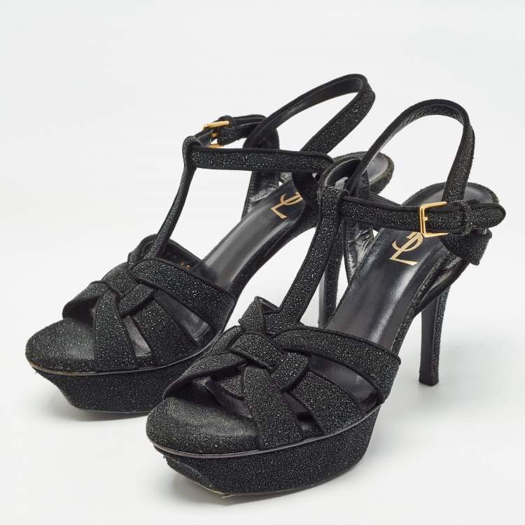 Pre Owned Saint Laurent Black Glitter Suede Tribute Sandals Size 36.5