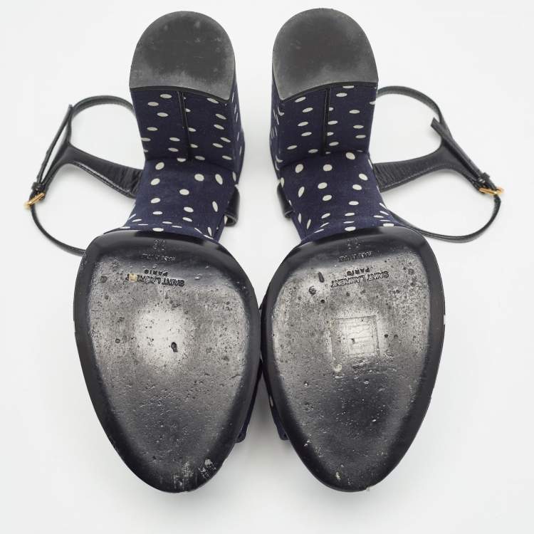 Pre Owned Saint Laurent Navy Blue/White Polka Dot Fabric Bianca Sandals Size 38