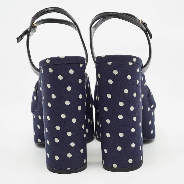 Pre Owned Saint Laurent Navy Blue/White Polka Dot Fabric Bianca Sandals Size 38