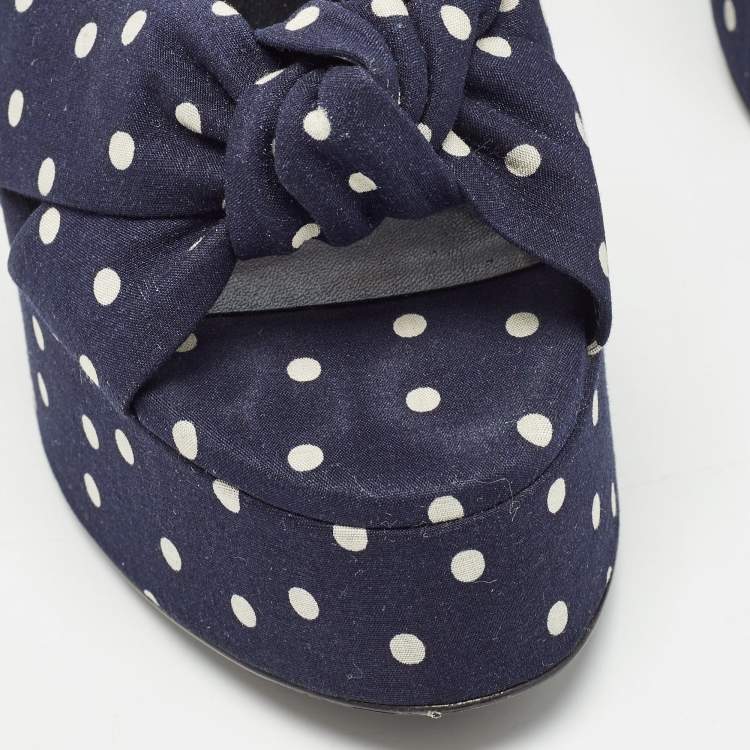 Pre Owned Saint Laurent Navy Blue/White Polka Dot Fabric Bianca Sandals Size 38
