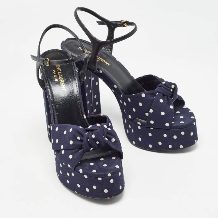 Pre Owned Saint Laurent Navy Blue/White Polka Dot Fabric Bianca Sandals Size 38