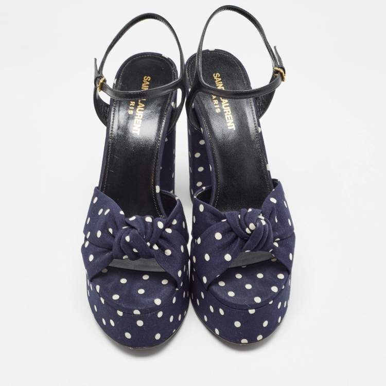 Pre Owned Saint Laurent Navy Blue/White Polka Dot Fabric Bianca Sandals Size 38