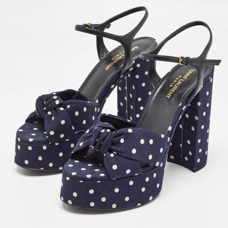 Pre Owned Saint Laurent Navy Blue/White Polka Dot Fabric Bianca Sandals Size 38