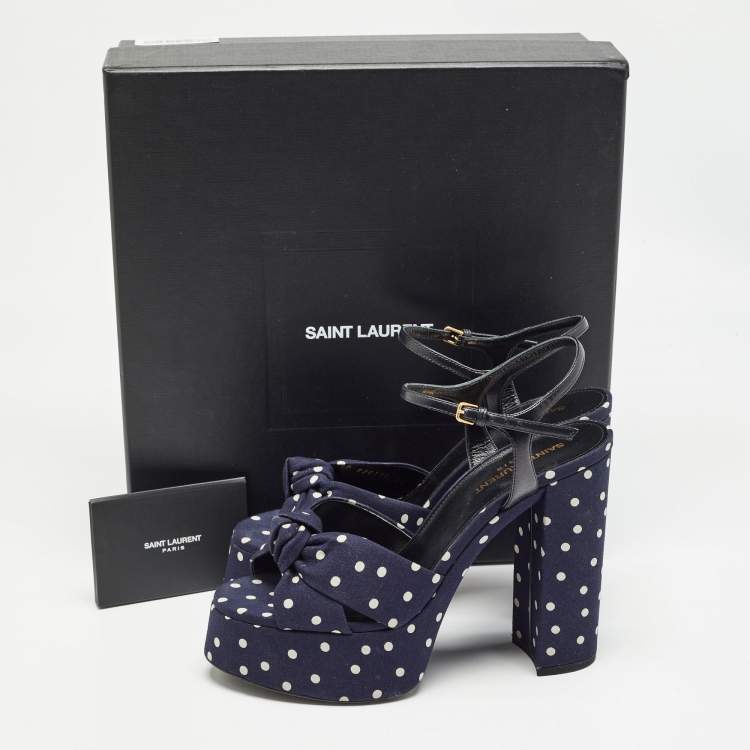 Pre Owned Saint Laurent Navy Blue/White Polka Dot Fabric Bianca Sandals Size 38