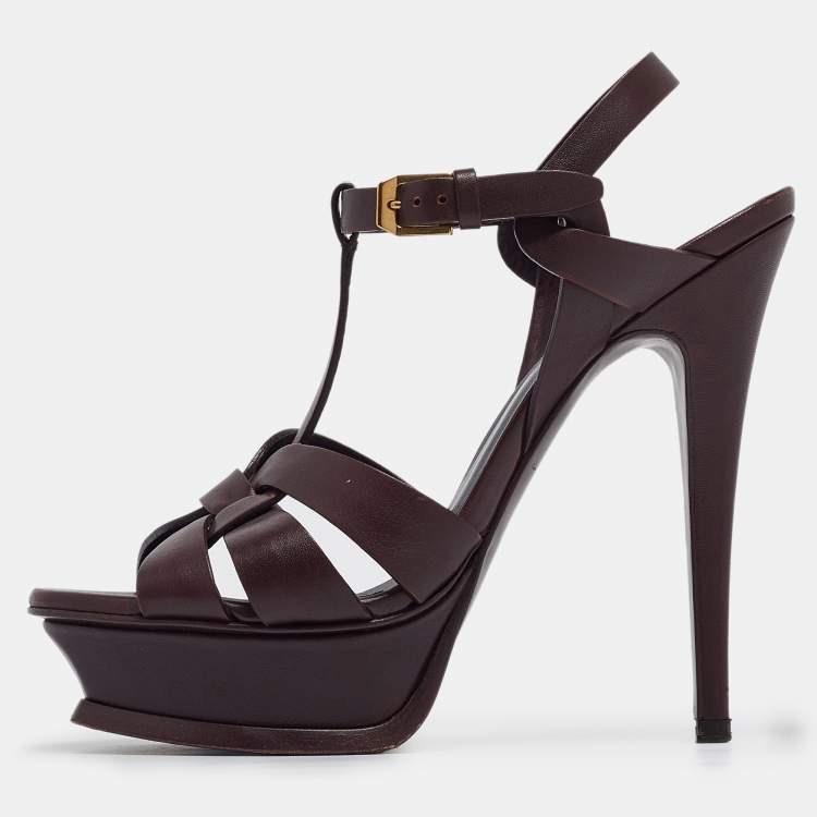 Pre Owned Saint Laurent Burgundy Leather Tribute  Sandals Size 36.5