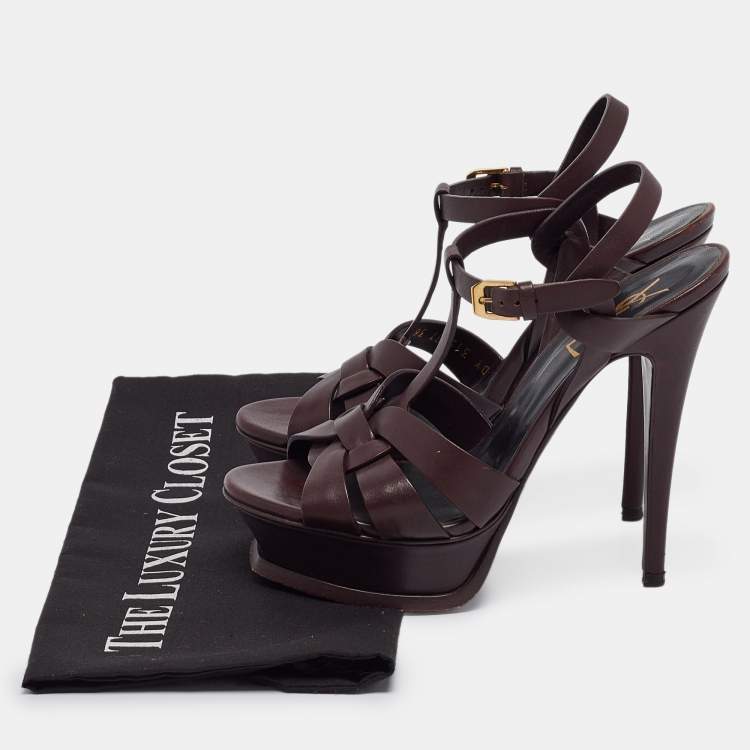 Pre Owned Saint Laurent Burgundy Leather Tribute  Sandals Size 36.5