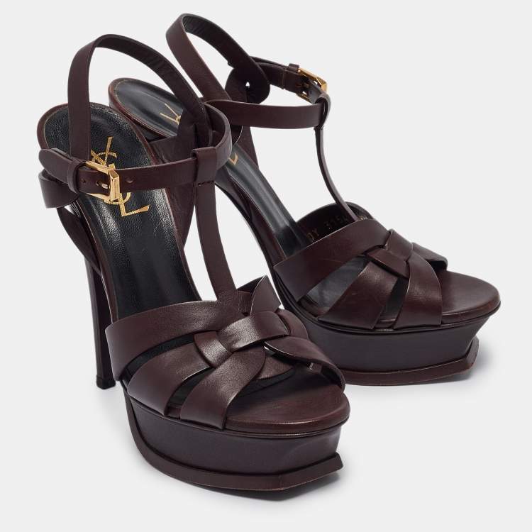 Pre Owned Saint Laurent Burgundy Leather Tribute  Sandals Size 36.5