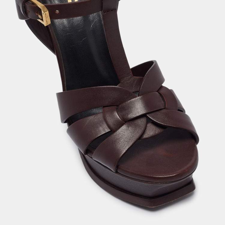 Pre Owned Saint Laurent Burgundy Leather Tribute  Sandals Size 36.5