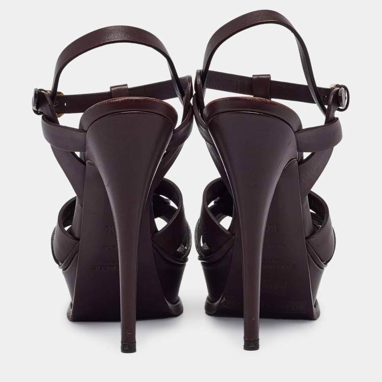 Pre Owned Saint Laurent Burgundy Leather Tribute  Sandals Size 36.5