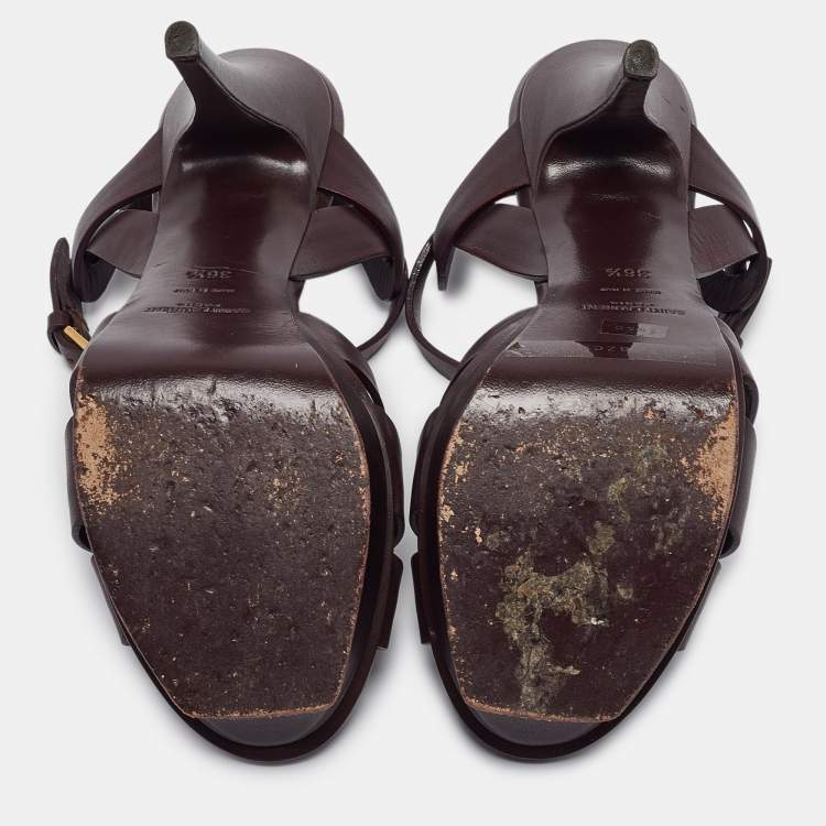 Pre Owned Saint Laurent Burgundy Leather Tribute  Sandals Size 36.5