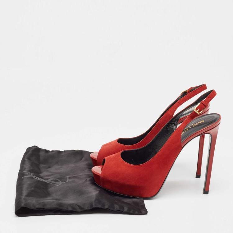 مملوكة مسبقًا Saint Laurent Red Suede Peep Toe Slingback Pumps Size 37   