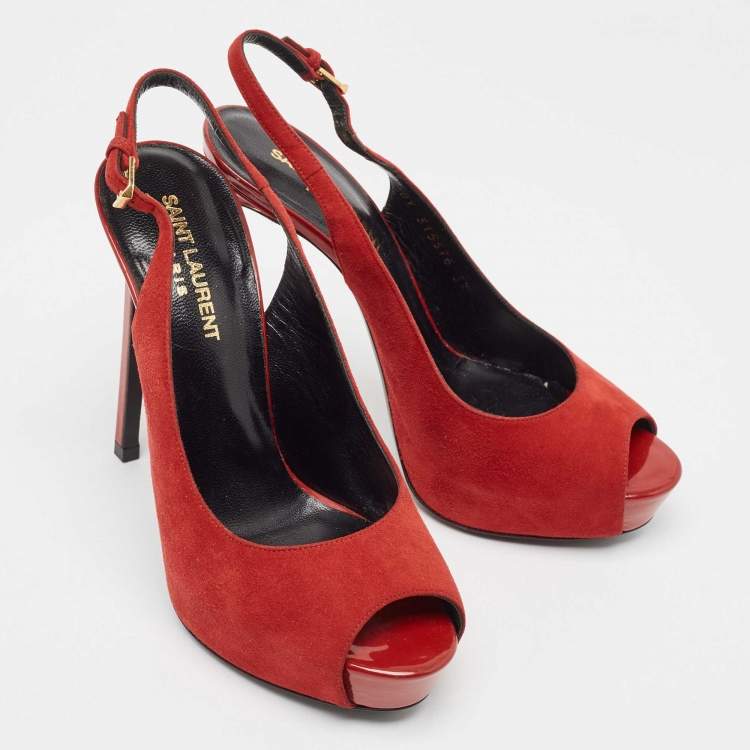 مملوكة مسبقًا Saint Laurent Red Suede Peep Toe Slingback Pumps Size 37   