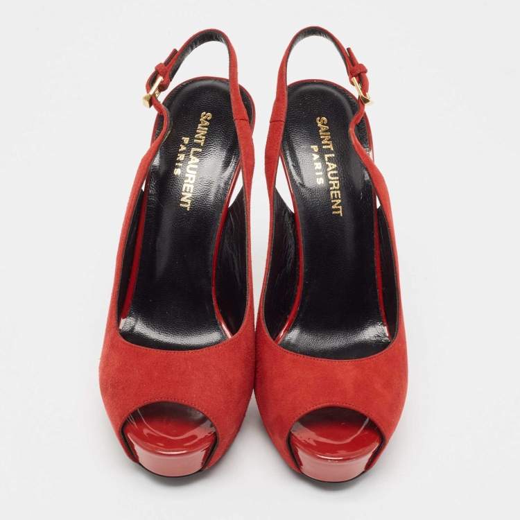 مملوكة مسبقًا Saint Laurent Red Suede Peep Toe Slingback Pumps Size 37   