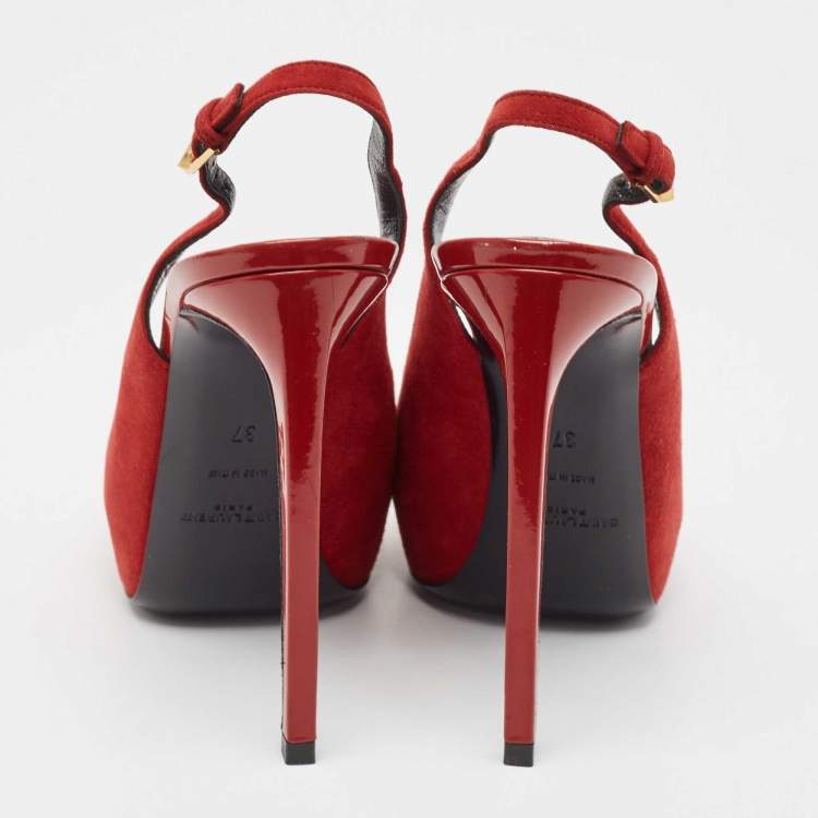 مملوكة مسبقًا Saint Laurent Red Suede Peep Toe Slingback Pumps Size 37   