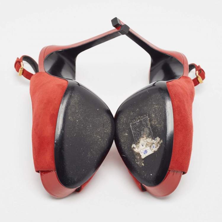 مملوكة مسبقًا Saint Laurent Red Suede Peep Toe Slingback Pumps Size 37   