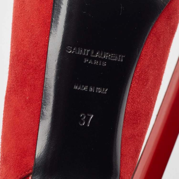 مملوكة مسبقًا Saint Laurent Red Suede Peep Toe Slingback Pumps Size 37   