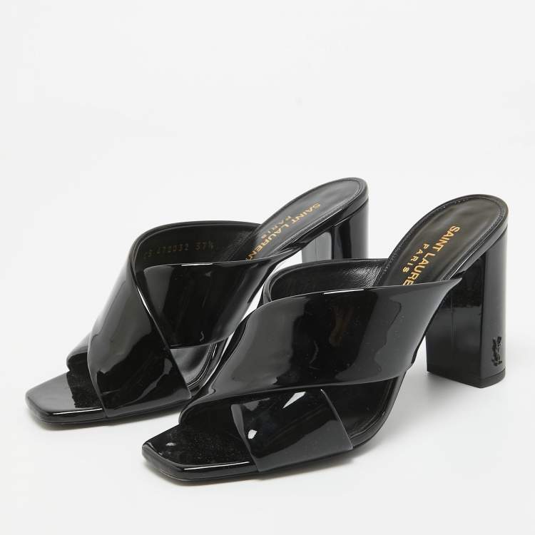 Pre Owned Saint Laurent Black Patent Leather Loulou Slide Sandals Size 37.5