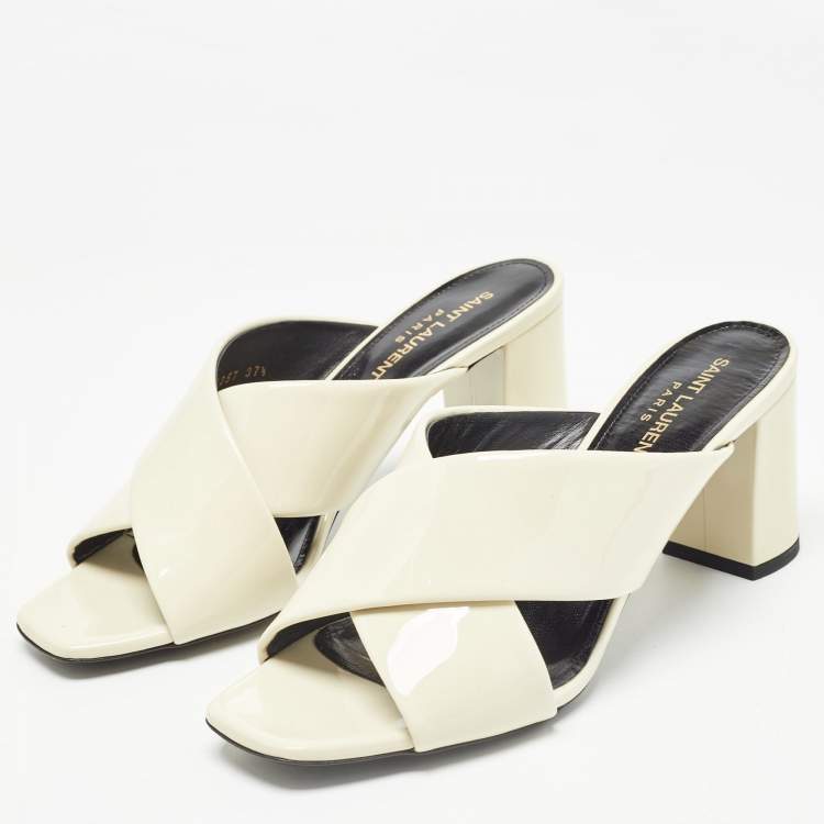 Pre Owned Saint Laurent Cream Patent Leather Loulou Slide Sandals Size 37.5