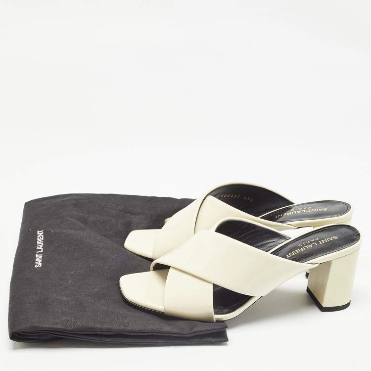 Pre Owned Saint Laurent Cream Patent Leather Loulou Slide Sandals Size 37.5