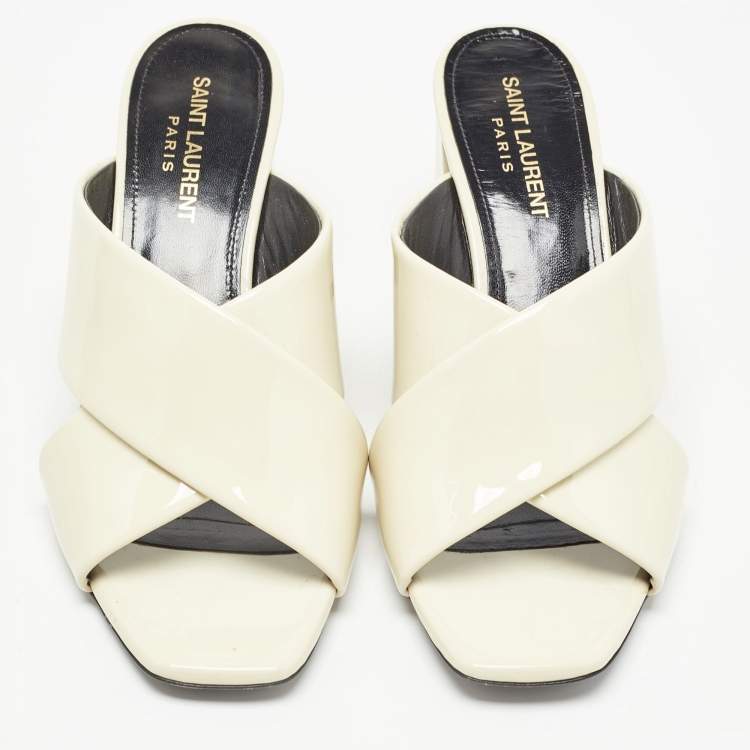 Pre Owned Saint Laurent Cream Patent Leather Loulou Slide Sandals Size 37.5
