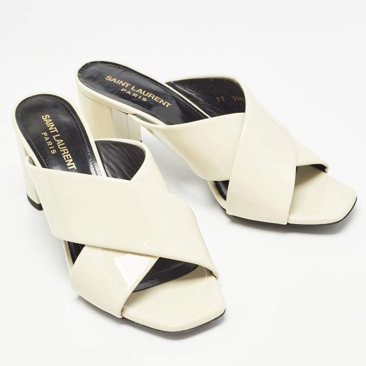 Pre Owned Saint Laurent Cream Patent Leather Loulou Slide Sandals Size 37.5