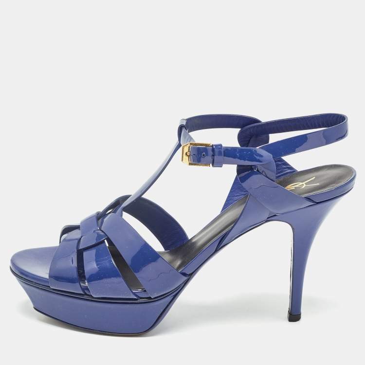 Pre Owned Saint Laurent Paris Navy Blue Patent Leather Tribute Sandals Size 40