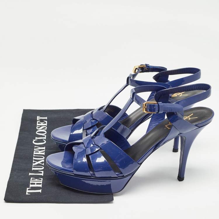 Pre Owned Saint Laurent Paris Navy Blue Patent Leather Tribute Sandals Size 40