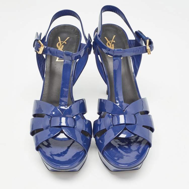 Pre Owned Saint Laurent Paris Navy Blue Patent Leather Tribute Sandals Size 40