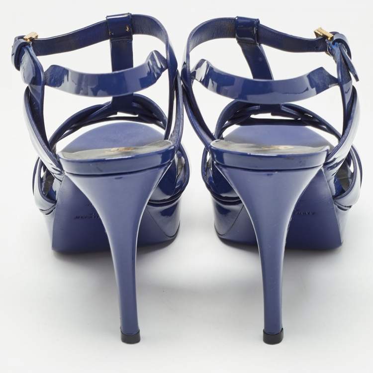 Pre Owned Saint Laurent Paris Navy Blue Patent Leather Tribute Sandals Size 40