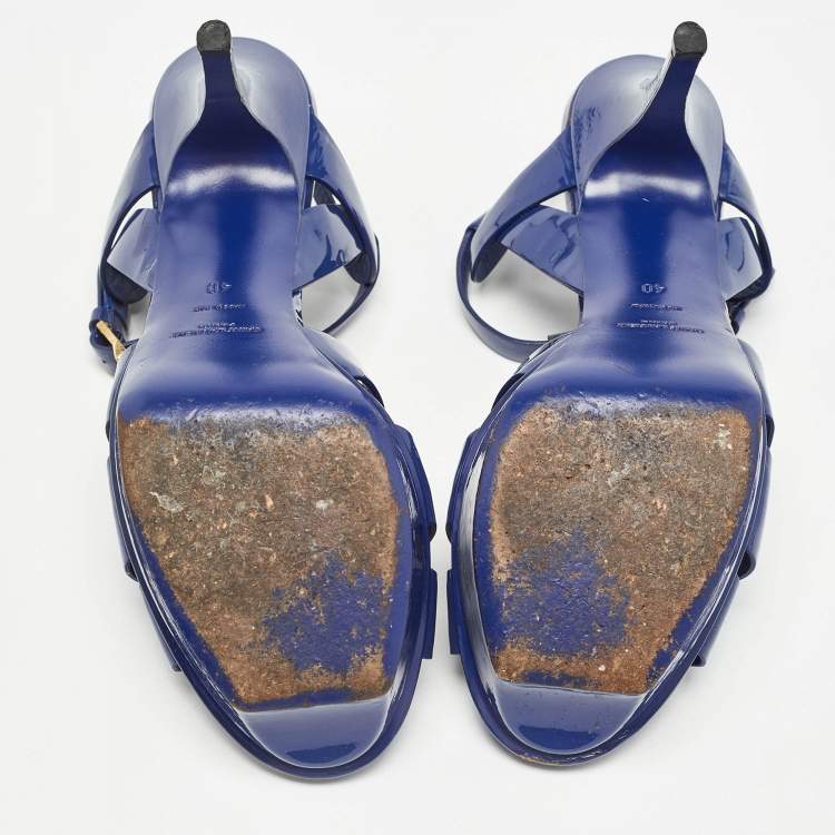 Pre Owned Saint Laurent Paris Navy Blue Patent Leather Tribute Sandals Size 40